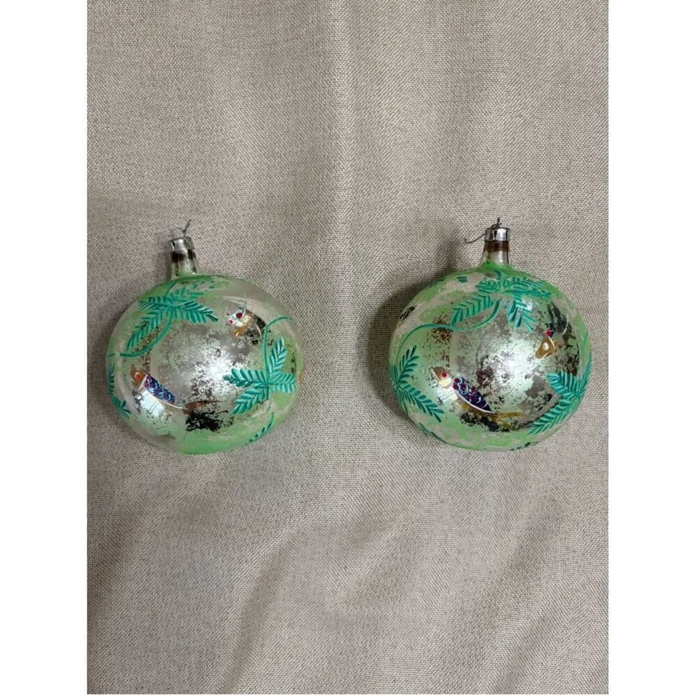 Vintage Glass Ornaments Set 2 Hand Painted Fish Mercury Style approx 4” diameter